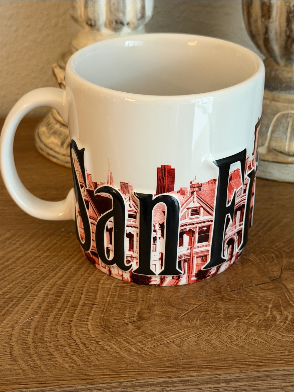 White oversized Ceramic San Francisco trolly Mug with Red Accent